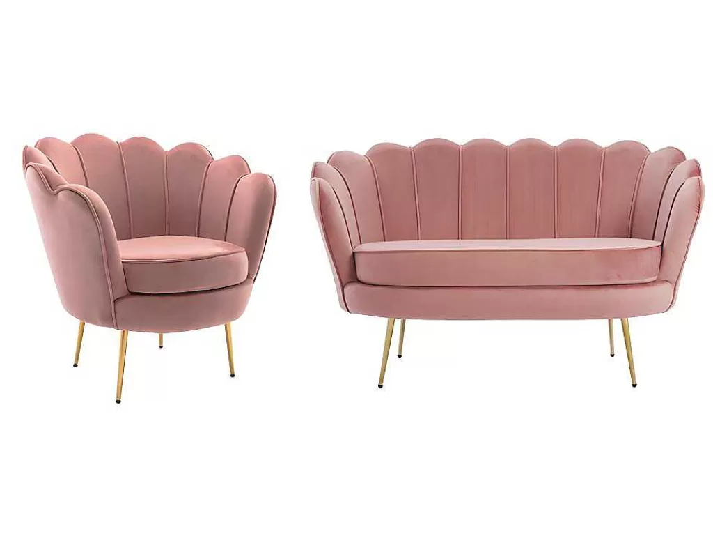 Conjunto Sofá E Poltrona*Vente-unique Sofá De 2 Lugares E Poltrona Forma De Concha Veludo Cor-De-Rosa - Dandelion
