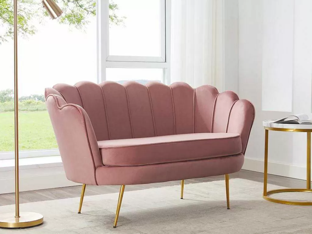 Conjunto Sofá E Poltrona*Vente-unique Sofá De 2 Lugares E Poltrona Forma De Concha Veludo Cor-De-Rosa - Dandelion