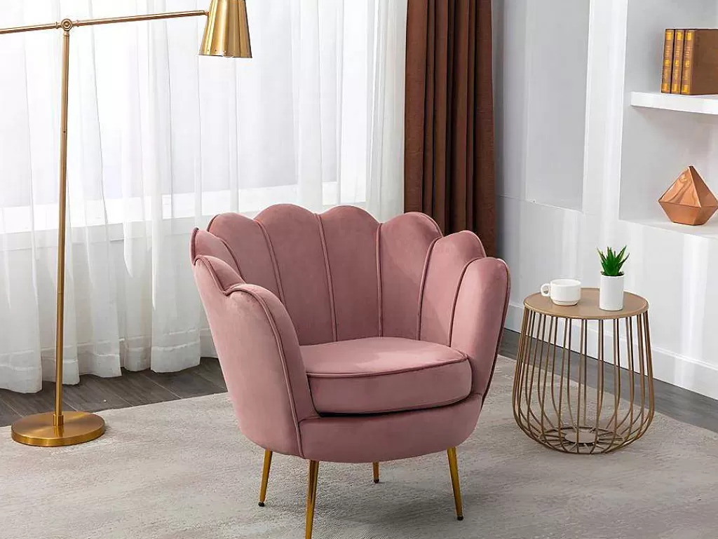 Conjunto Sofá E Poltrona*Vente-unique Sofá De 2 Lugares E Poltrona Forma De Concha Veludo Cor-De-Rosa - Dandelion
