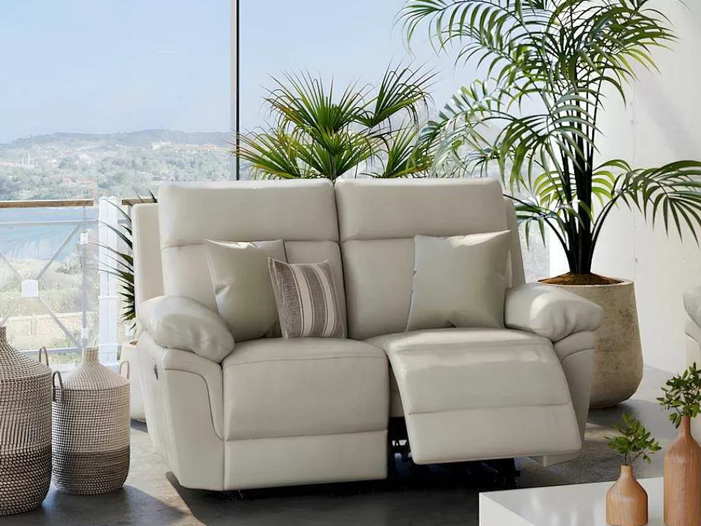 Sofá De Relaxamento Manual*Vente-unique Sofá De 2 Lugares Relax Em Pele De Bufalo Marfim - Pakita