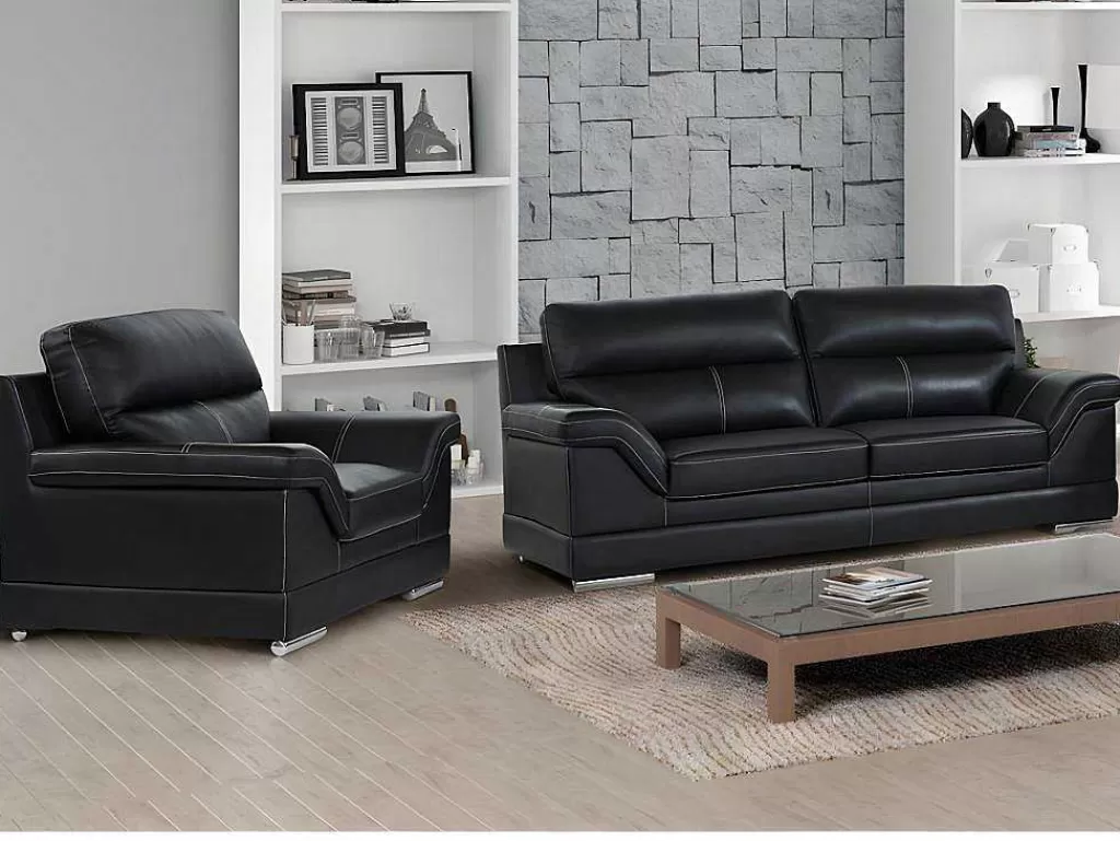 Conjunto Sofá E Poltrona*Vente-unique Sofá De 3+1 Lugares Em Pele De Bufalo Preto - Monika
