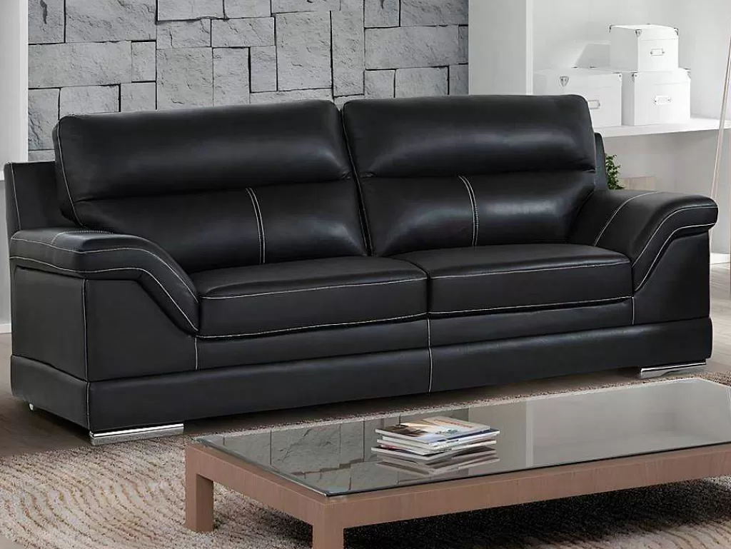 Conjunto Sofá E Poltrona*Vente-unique Sofá De 3+1 Lugares Em Pele De Bufalo Preto - Monika