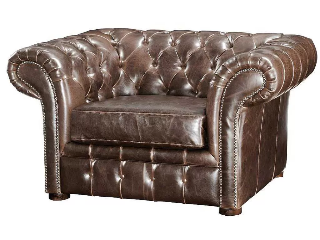 Conjunto Sofá E Poltrona*Vente-unique Sofá De 3+2+1 Lugares 100% Couro Envelhecido Estilo Chesterfield - Clotaire