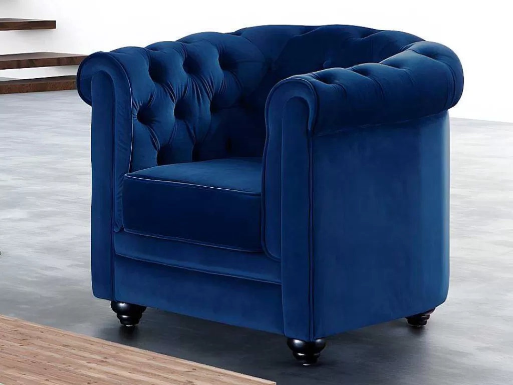 Conjunto Sofá E Poltrona*Vente-unique Sofá De 3+2+1 Lugares Em Veludo Cor Azul Real - Chesterfield