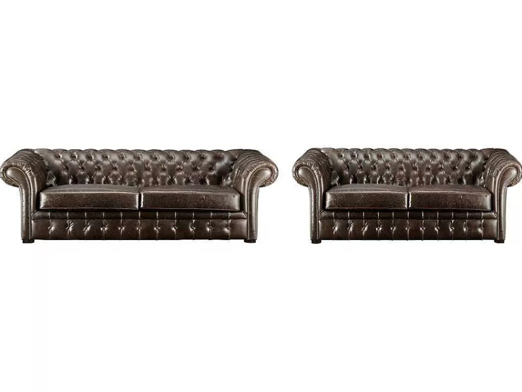 Conjunto De Sofá*Vente-unique Sofá De 3+2 Lugares 100% Couro Envelhecido Estilo Chesterfield - Clotaire