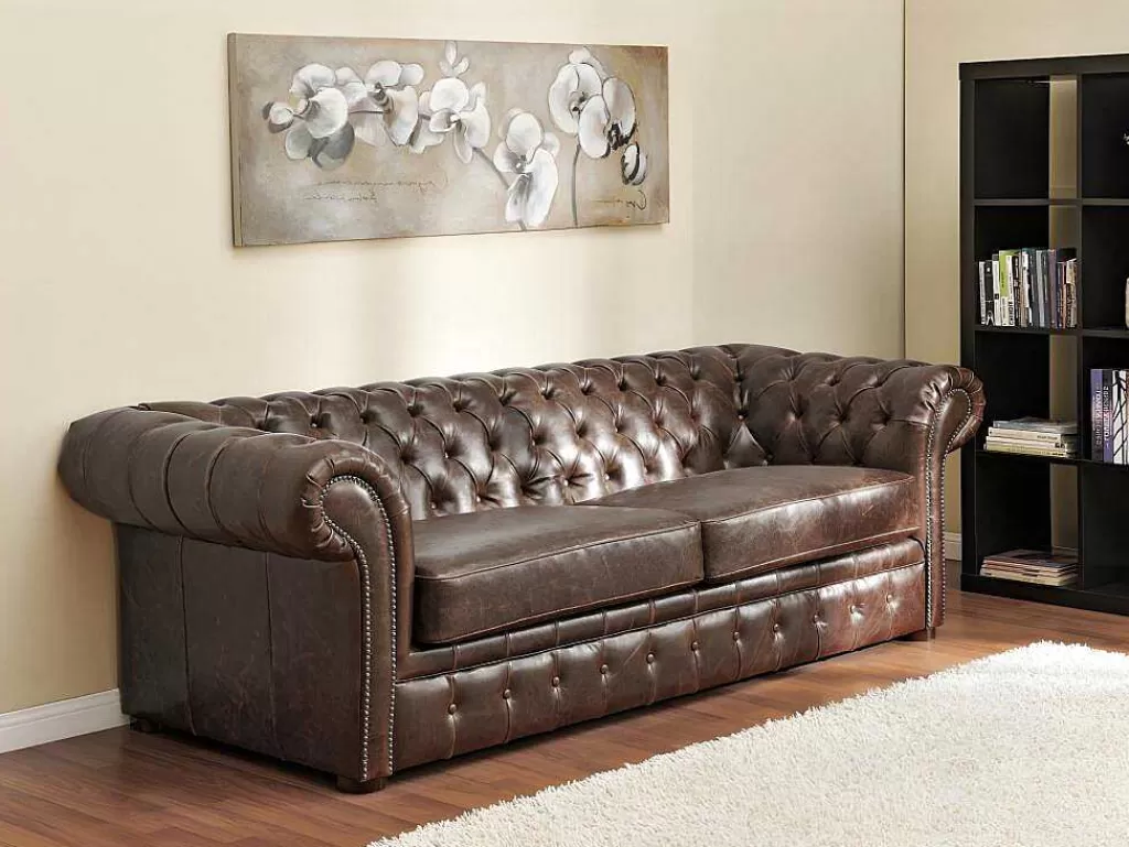 Conjunto De Sofá*Vente-unique Sofá De 3+2 Lugares 100% Couro Envelhecido Estilo Chesterfield - Clotaire