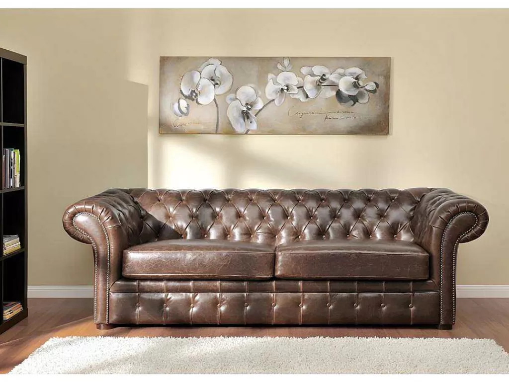 Conjunto De Sofá*Vente-unique Sofá De 3+2 Lugares 100% Couro Envelhecido Estilo Chesterfield - Clotaire