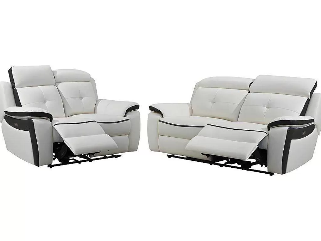 Conjunto De Sofá*Vente-unique Sofá De 3+2 Lugares Relax Eletrico Em Pele Branco E Antracite - Angelique