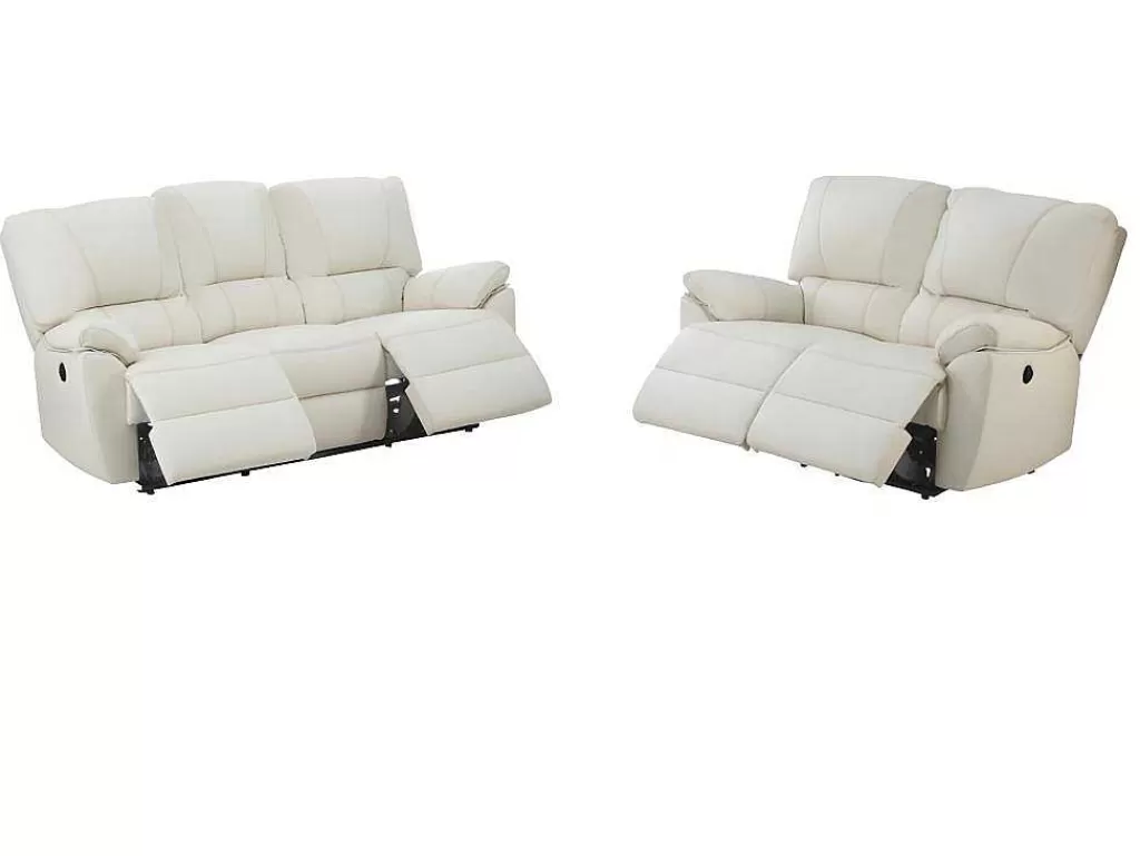 Conjunto De Sofá*Vente-unique Sofá De 3+2 Lugares Relax Eletrico Em Pele Marfim - Marcis