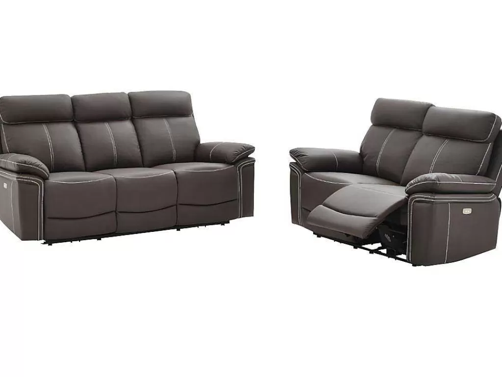 Conjunto De Sofá*Vente-unique Sofá De 3+2 Lugares Relax Eletrico Em Pele Marrom - Isiris