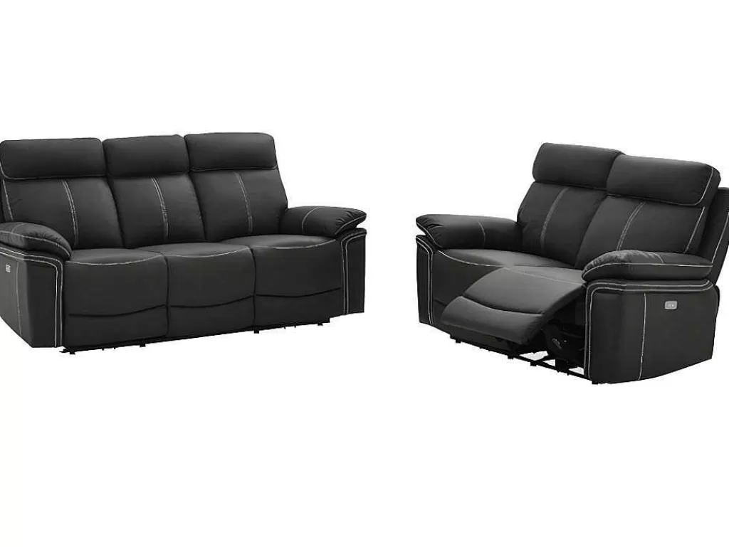 Conjunto De Sofá*Vente-unique Sofá De 3+2 Lugares Relax Eletrico Em Pele Preto - Isiris