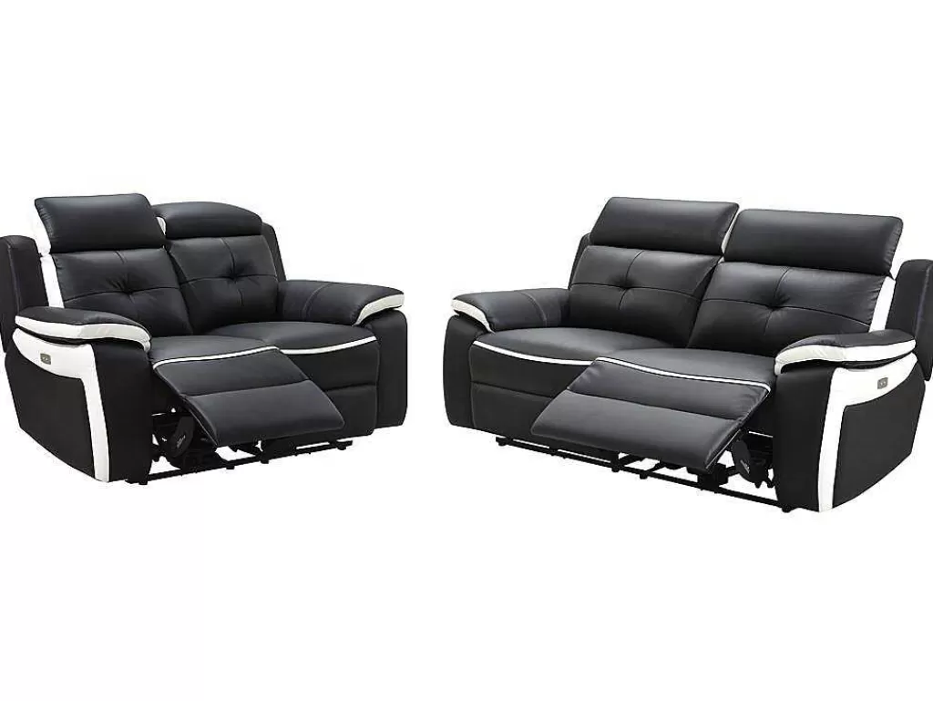 Conjunto De Sofá*Vente-unique Sofá De 3+2 Lugares Relax Eletrico Em Pele Preto E Branco - Angelique