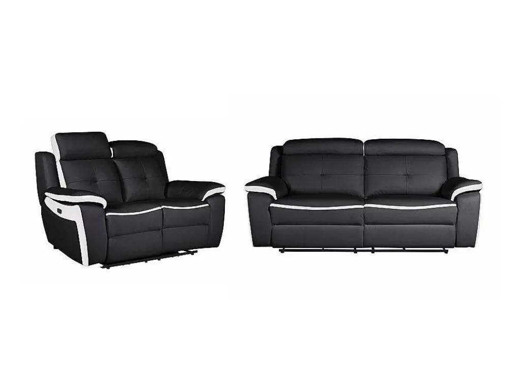 Conjunto De Sofá*Vente-unique Sofá De 3+2 Lugares Relax Eletrico Em Pele Preto E Branco - Angelique