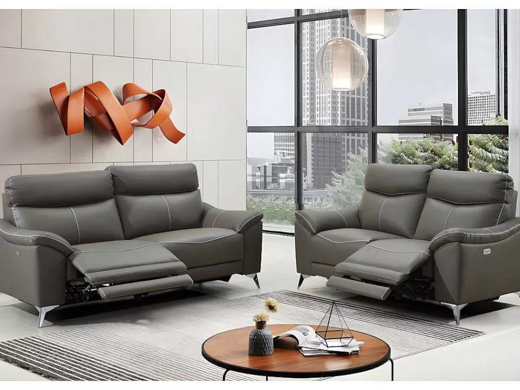 Conjunto De Sofá*Vente-unique Sofá De 3+2 Lugares Relax Eletrico Em Pele Taupe - Metronomya