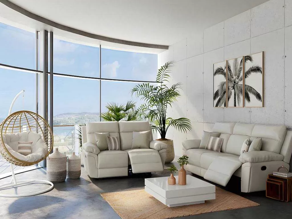 Conjunto De Sofá*Vente-unique Sofá De 3+2 Lugares Relax Em Pele De Bufalo Marfim - Pakita