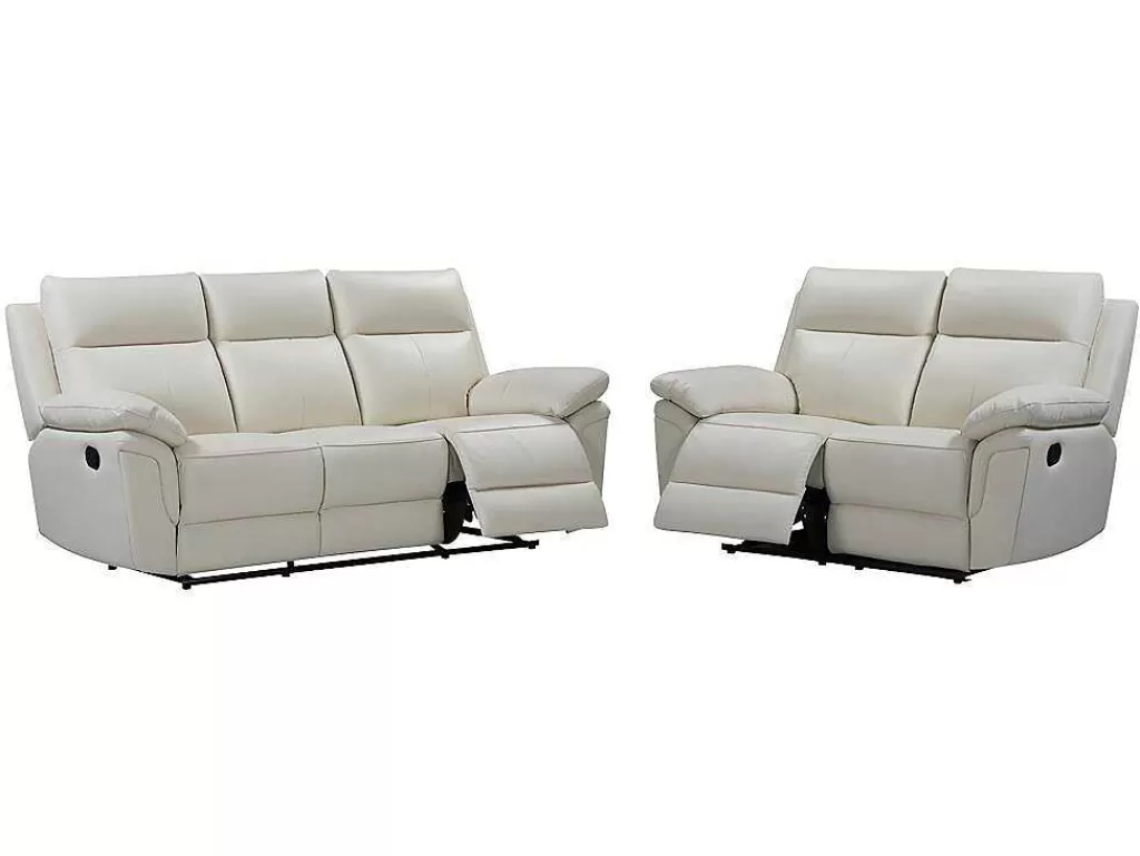 Conjunto De Sofá*Vente-unique Sofá De 3+2 Lugares Relax Em Pele De Bufalo Marfim - Pakita