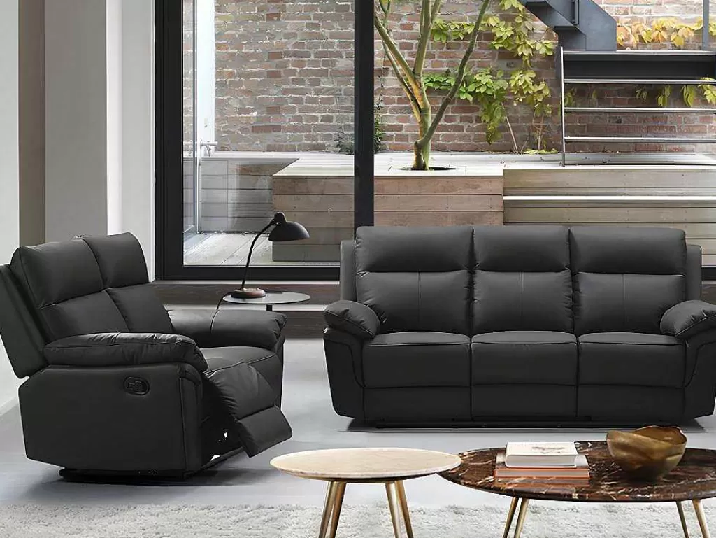 Conjunto De Sofá*Vente-unique Sofá De 3+2 Lugares Relax Em Pele De Bufalo Preto - Pakita