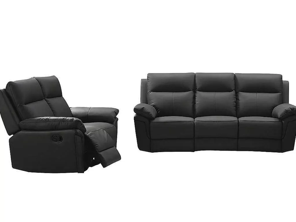 Conjunto De Sofá*Vente-unique Sofá De 3+2 Lugares Relax Em Pele De Bufalo Preto - Pakita