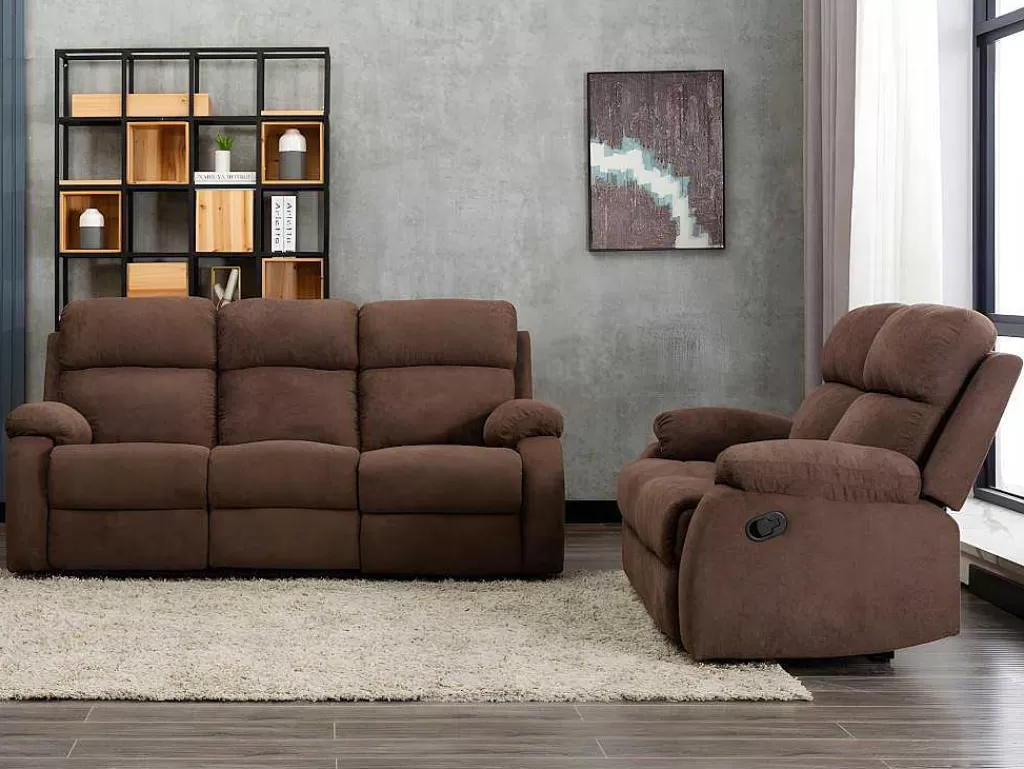 Conjunto De Sofá*Vente-unique Sofá De 3+2 Lugares Relax Manual Em Tecido Castanho - Tolzano