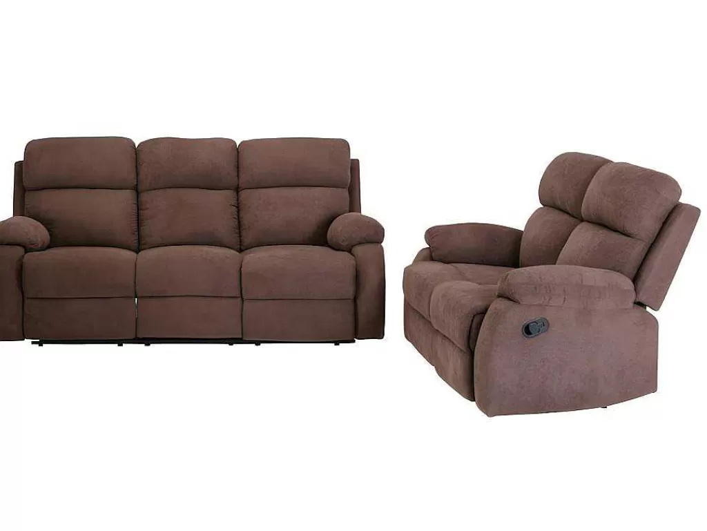 Conjunto De Sofá*Vente-unique Sofá De 3+2 Lugares Relax Manual Em Tecido Castanho - Tolzano