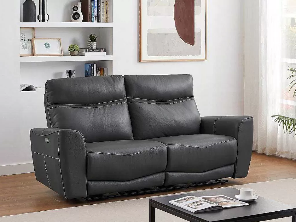 Sofá De Relaxamento Eletrico*Vente-unique Sofá De 3 Lugares Articulado Eletrico Em Couro De Vaca Antracite - Damon