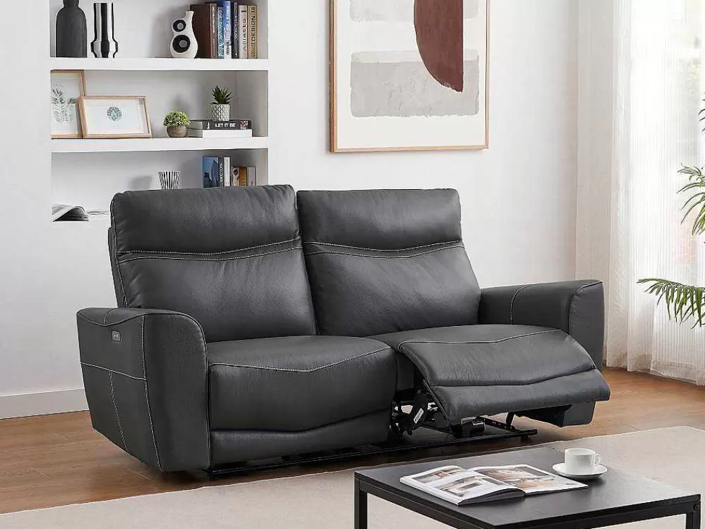 Sofá De Relaxamento Eletrico*Vente-unique Sofá De 3 Lugares Articulado Eletrico Em Couro De Vaca Antracite - Damon