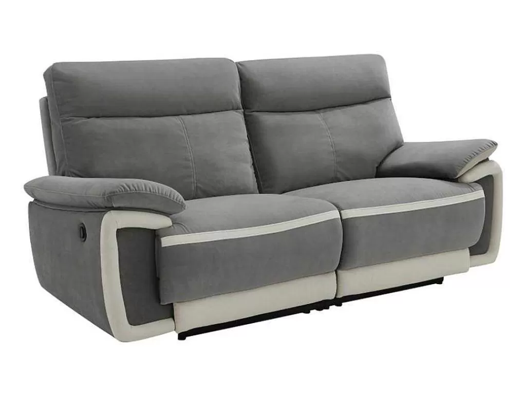 Sofá De Relaxamento Eletrico*Vente-unique Sofá De 3 Lugares Articulado Eletrico Em Veludo - Cinza E Faixas Branco Cru - Metti