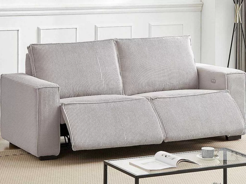 Sofá De Relaxamento Eletrico*Vente-unique Sofá De 3 Lugares Articulado Eletrico Veludo Canelado Cinzento-Claro - Amelio
