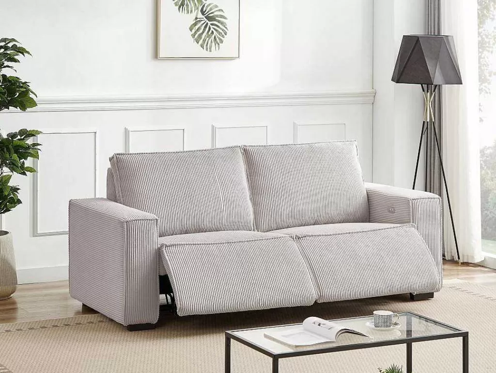 Sofá De Relaxamento Eletrico*Vente-unique Sofá De 3 Lugares Articulado Eletrico Veludo Canelado Cinzento-Claro - Amelio