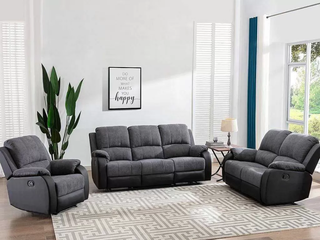 Sofá De Relaxamento Manual*Vente-unique Sofá De 3 Lugares Articulado Em Microfibra E Pele Sintética Cinzento E Preto - Brody