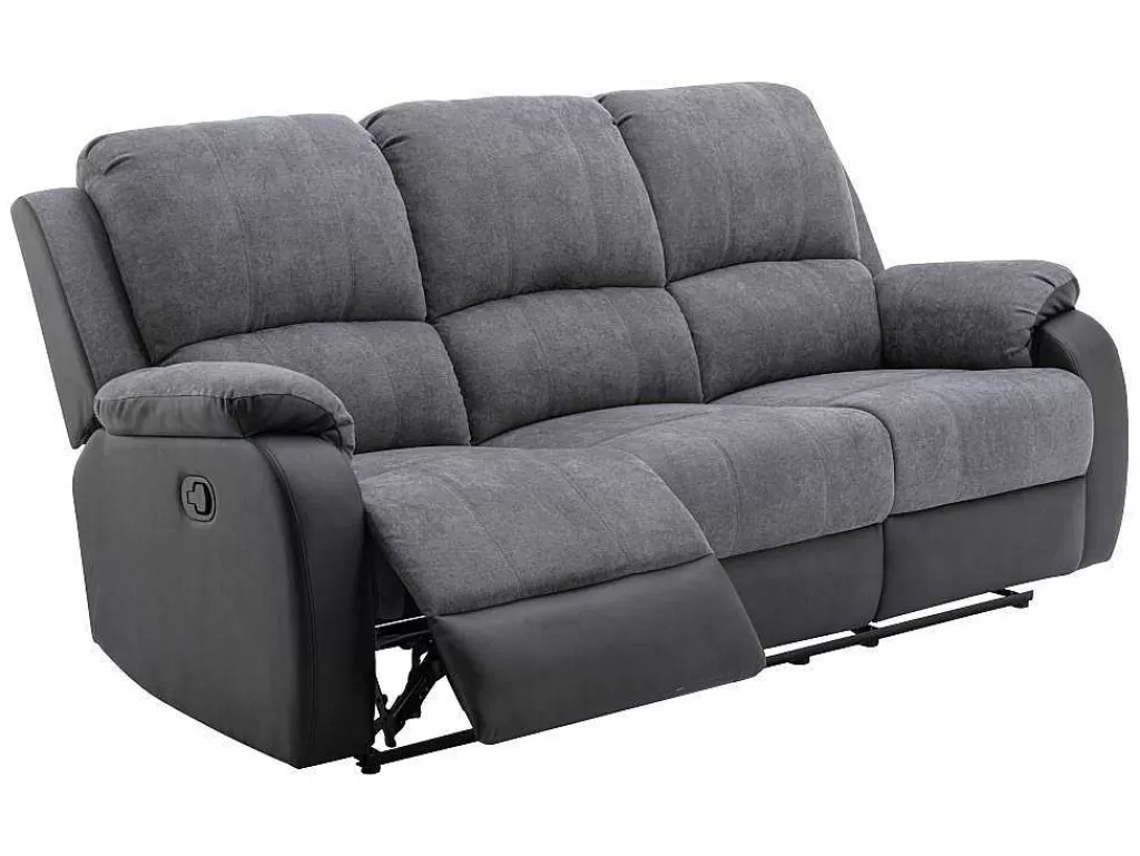 Sofá De Relaxamento Manual*Vente-unique Sofá De 3 Lugares Articulado Em Microfibra E Pele Sintética Cinzento E Preto - Brody