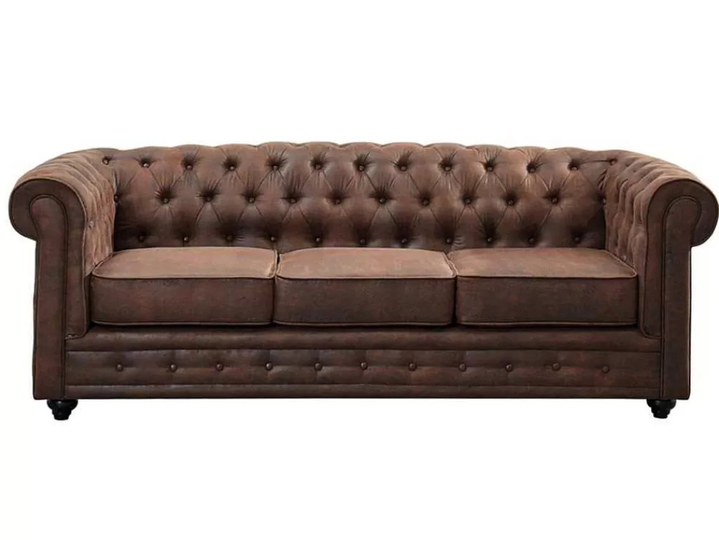 Sofá*Vente-unique Sofá De 3 Lugares Chesterfield Em Microfibra Com Aspeto De Pele Envelhecida