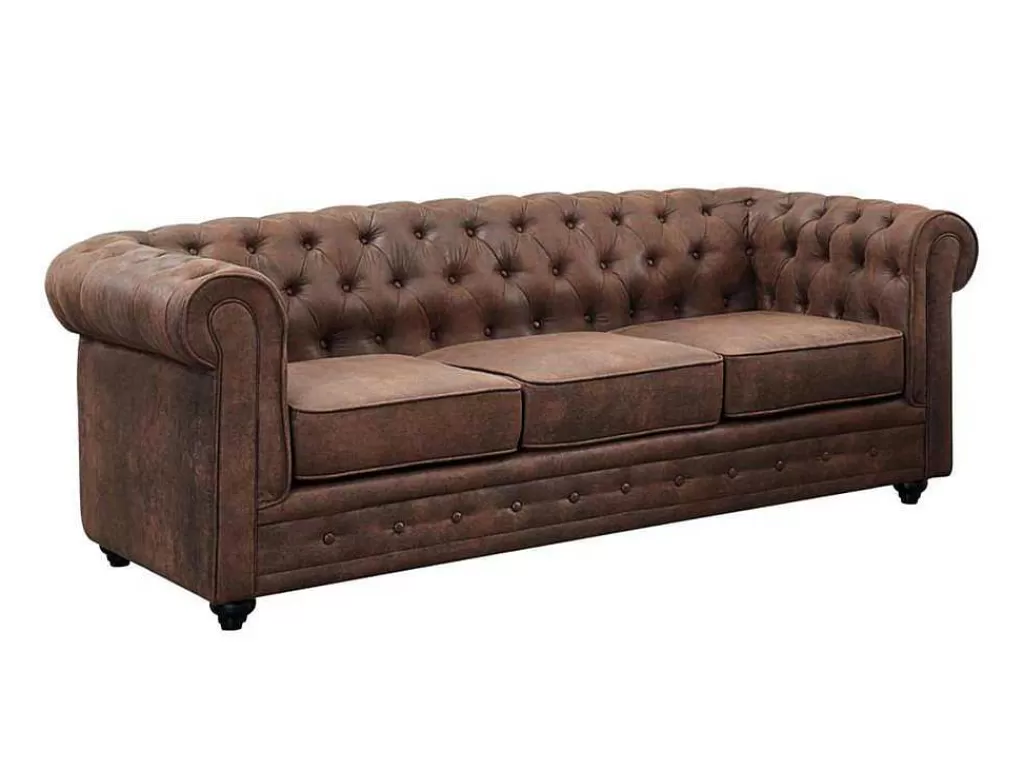 Sofá*Vente-unique Sofá De 3 Lugares Chesterfield Em Microfibra Com Aspeto De Pele Envelhecida