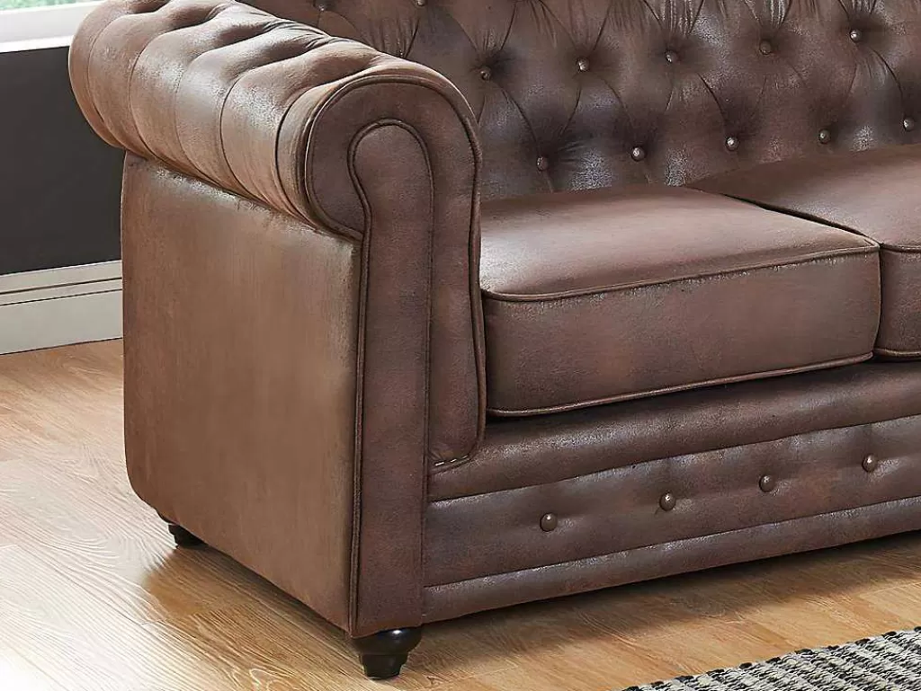 Sofá*Vente-unique Sofá De 3 Lugares Chesterfield Em Microfibra Com Aspeto De Pele Envelhecida