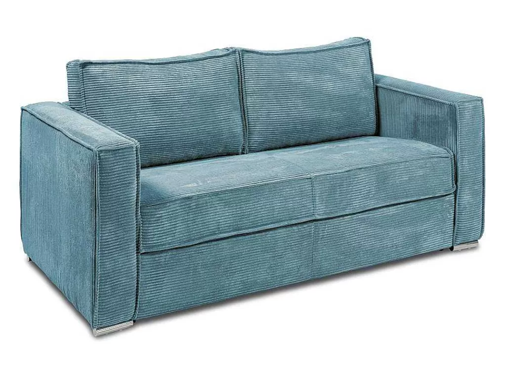 Sofá*Vente-unique Sofá De 3 Lugares Convertivel Abertura Rapida Veludo Canelado Azul-Turquesa, Cama De Ripas Largas 140 Cm E Colchão 18 Cm - Loreto