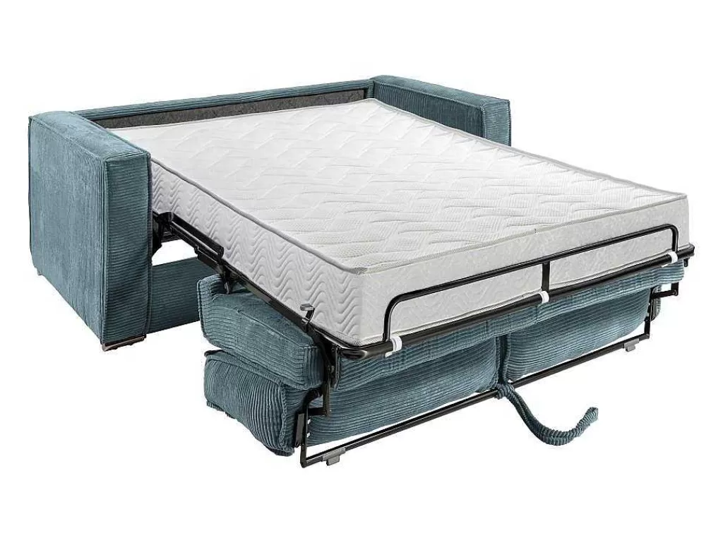 Sofá*Vente-unique Sofá De 3 Lugares Convertivel Abertura Rapida Veludo Canelado Azul-Turquesa, Cama De Ripas Largas 140 Cm E Colchão 18 Cm - Loreto
