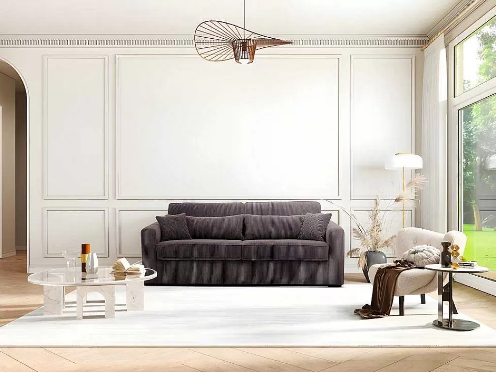 Sofá Cama De Abertura Rapida*Vente-unique Sofá De 3 Lugares Convertivel Abertura Rapida Veludo Canelado Castanho, Cama De 140 Cm, Colchão De 18 Cm - Mondovi