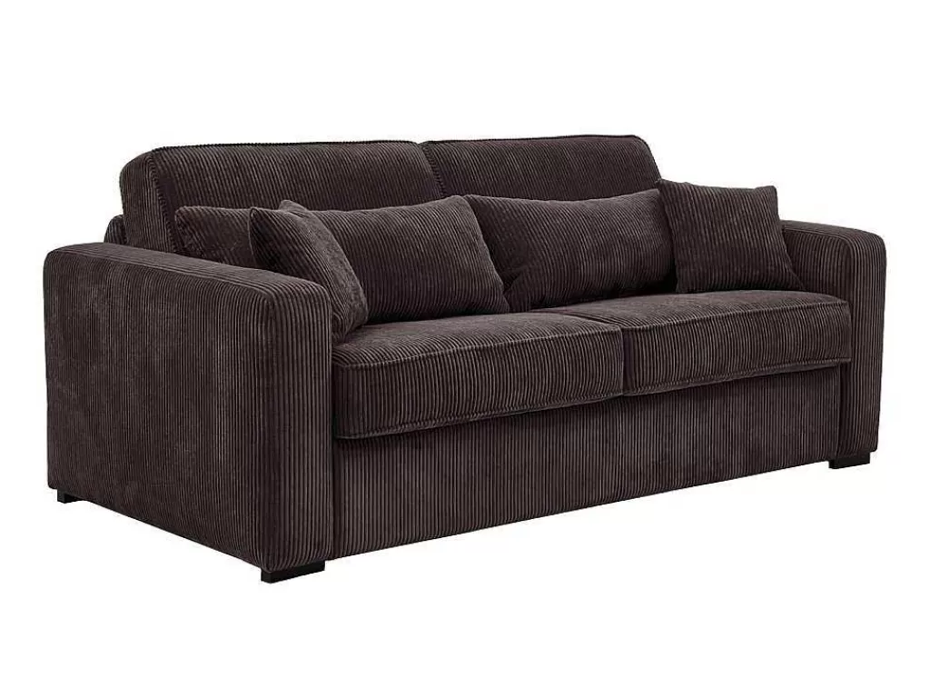 Sofá Cama De Abertura Rapida*Vente-unique Sofá De 3 Lugares Convertivel Abertura Rapida Veludo Canelado Castanho, Cama De 140 Cm, Colchão De 18 Cm - Mondovi