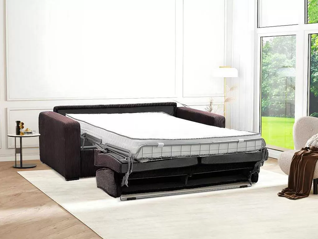 Sofá Cama De Abertura Rapida*Vente-unique Sofá De 3 Lugares Convertivel Abertura Rapida Veludo Canelado Castanho, Cama De 140 Cm, Colchão De 18 Cm - Mondovi