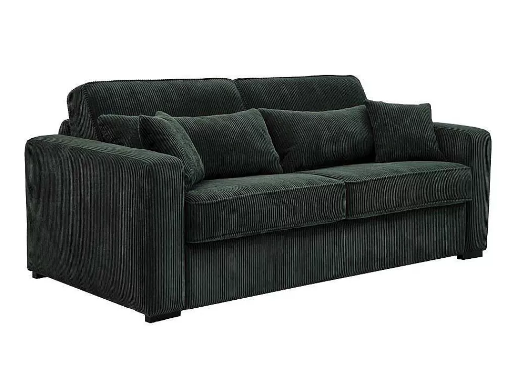 Sofá Cama De Abertura Rapida*Vente-unique Sofá De 3 Lugares Convertivel Abertura Rapida Veludo Canelado Verde, Cama De 140 Cm, Colchão De 18 Cm - Mondovi