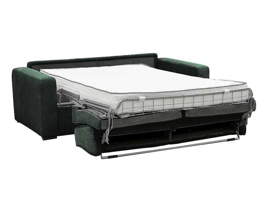 Sofá Cama De Abertura Rapida*Vente-unique Sofá De 3 Lugares Convertivel Abertura Rapida Veludo Canelado Verde, Cama De 140 Cm, Colchão De 18 Cm - Mondovi