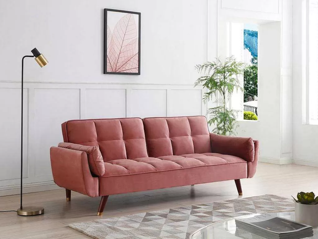 Sofá Cama Clic-Clac E Dobravel*Vente-unique Sofá De 3 Lugares Convertivel Clic-Clac Em Veludo Cor-De-Rosa - Gulcan