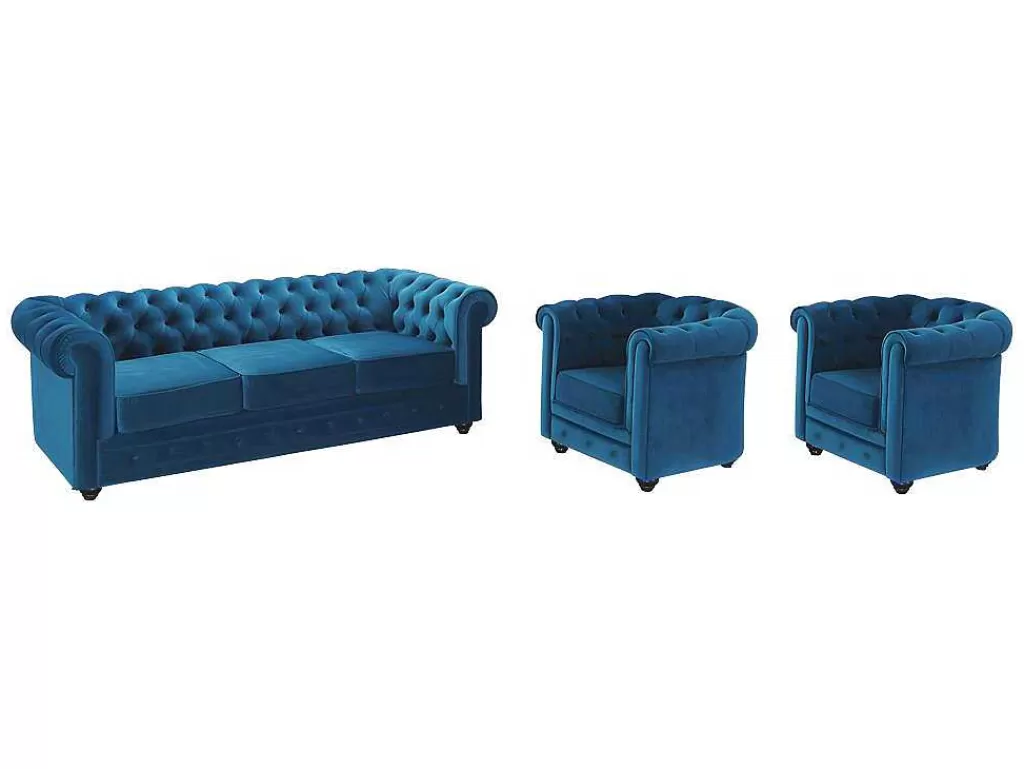 Conjunto Sofá E Poltrona*Vente-unique Sofá De 3 Lugares E 2 Cadeiroes Chesterfield - Veludo Azul Esverdeado