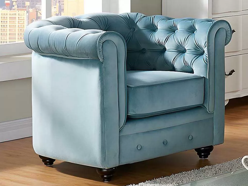 Conjunto Sofá E Poltrona*Vente-unique Sofá De 3 Lugares E 2 Cadeiroes Chesterfield - Veludo Azul Pastel