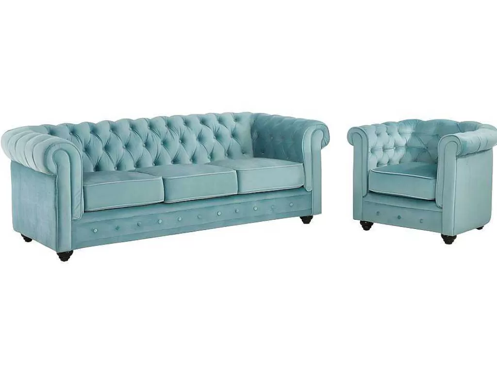 Conjunto Sofá E Poltrona*Vente-unique Sofá De 3 Lugares E Cadeirão Chesterfield - Veludo Azul Pastel