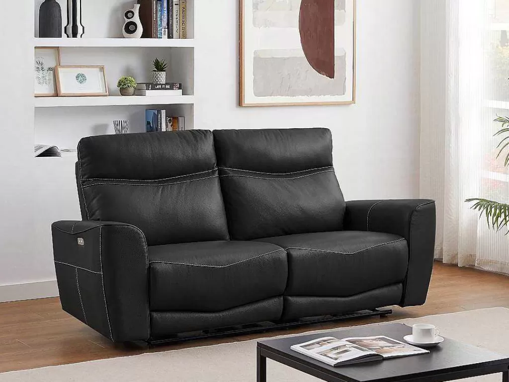 Conjunto Sofá E Poltrona*Vente-unique Sofá De 3 Lugares E Poltrona Articulados Eletricos Em Couro De Vaca Preto - Damon