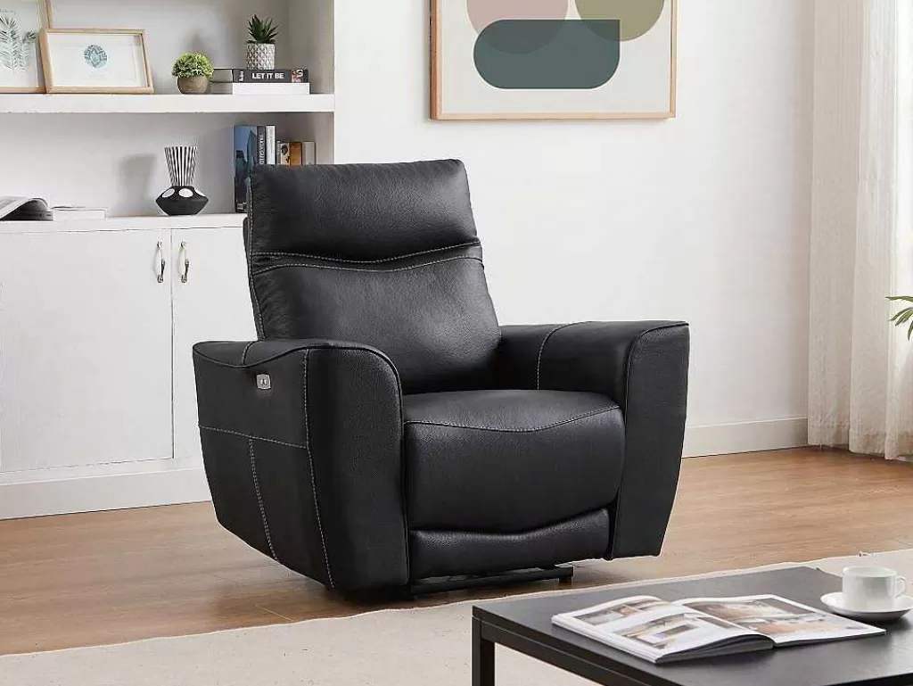 Conjunto Sofá E Poltrona*Vente-unique Sofá De 3 Lugares E Poltrona Articulados Eletricos Em Couro De Vaca Preto - Damon
