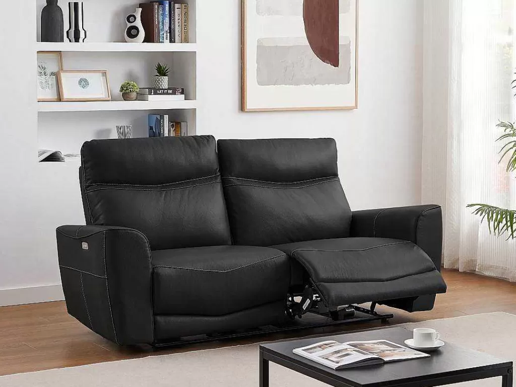 Conjunto Sofá E Poltrona*Vente-unique Sofá De 3 Lugares E Poltrona Articulados Eletricos Em Couro De Vaca Preto - Damon