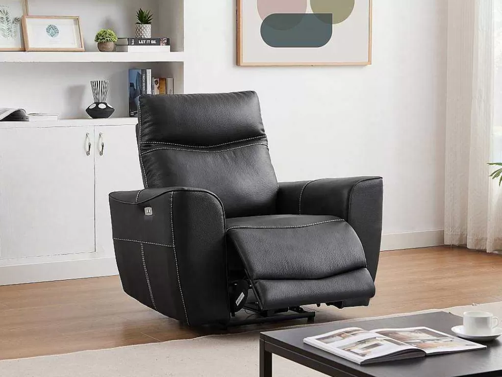 Conjunto Sofá E Poltrona*Vente-unique Sofá De 3 Lugares E Poltrona Articulados Eletricos Em Couro De Vaca Preto - Damon