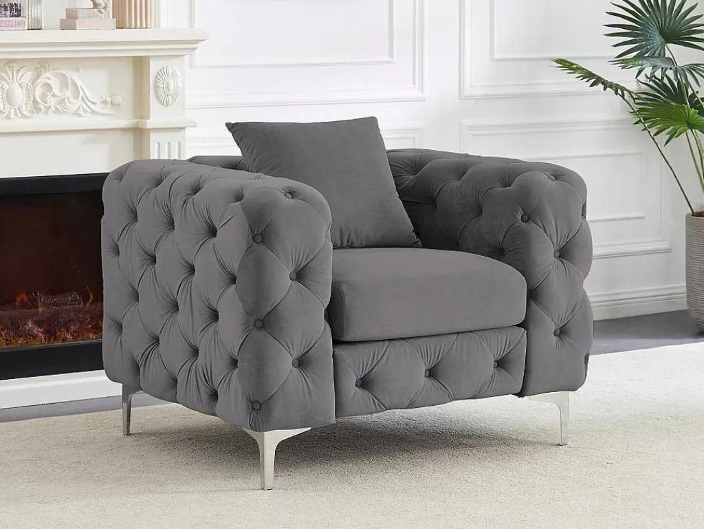 Conjunto Sofá E Poltrona*Vente-unique Sofá De 3 Lugares E Poltrona Em Veludo Antracite - Edwina